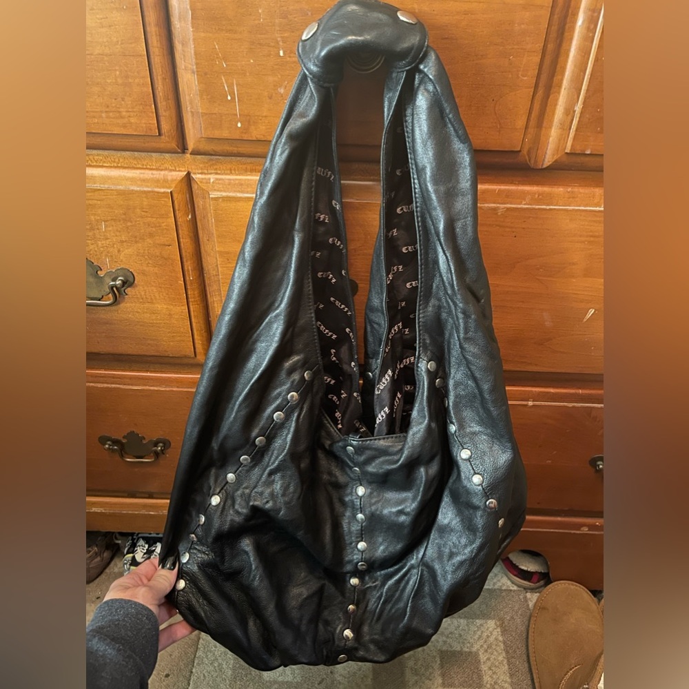 Used Black Leather Cuffz by Linz Studded Hobo Bag